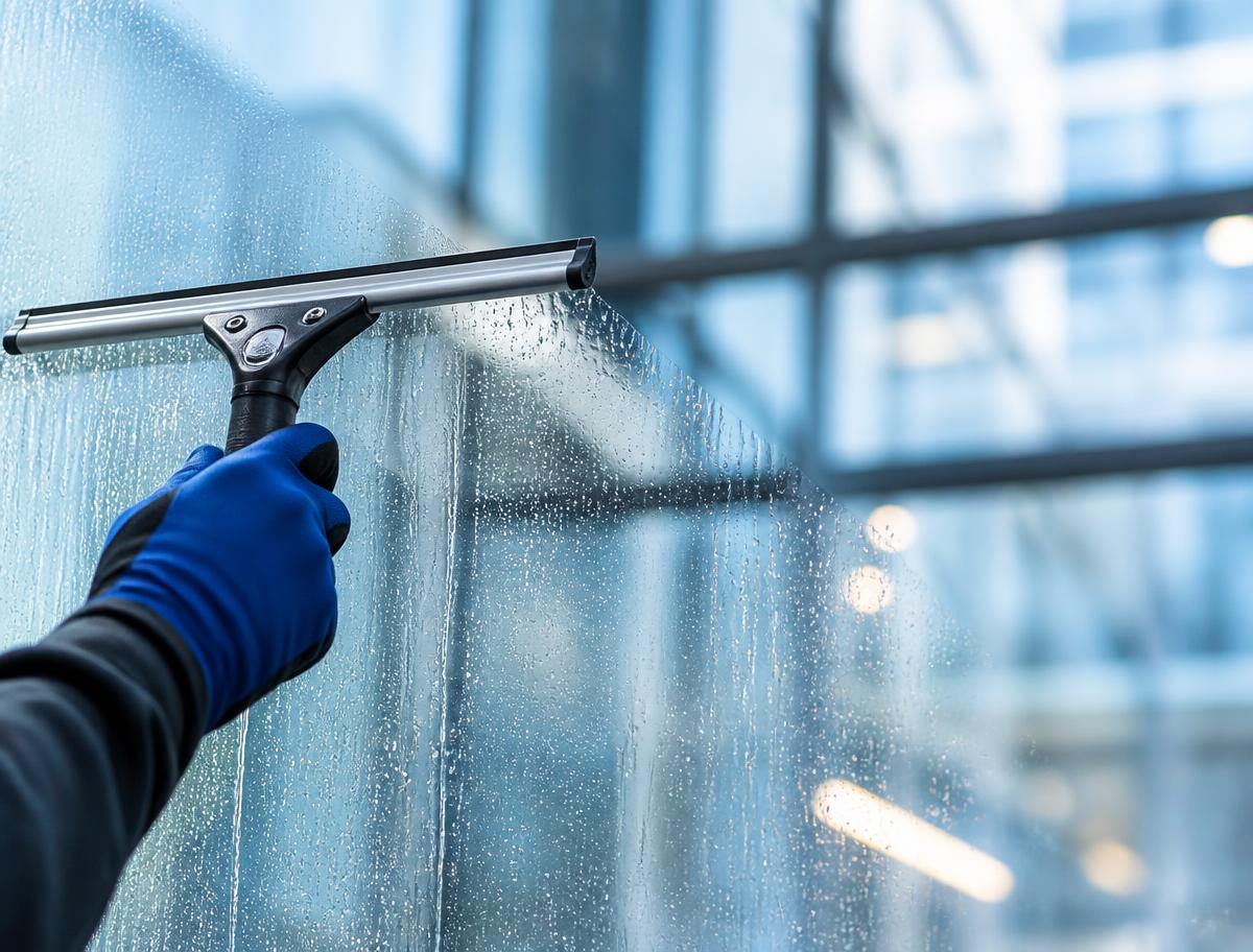 Fensterreinigung mit Abzieher an einer großen Glasfläche