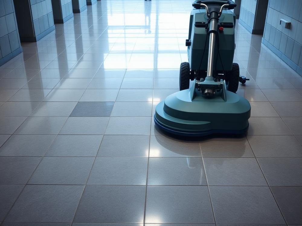 Reinigungsmaschine bei der Tiefenreinigung eines Hallenbodens
