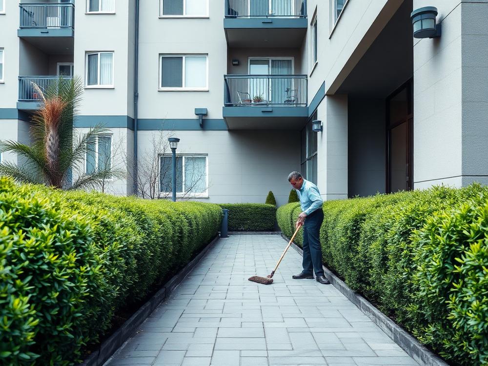 Hausmeister pflegt den Eingangsbereich einer Wohnanlage